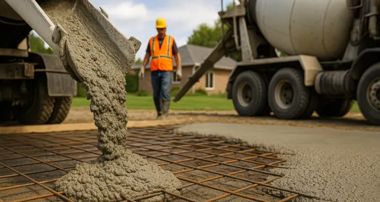 Cement truck pouring cement on a rebared ground from TJ Concrete Contractor in Dallas, TX - Stamped concrete patios