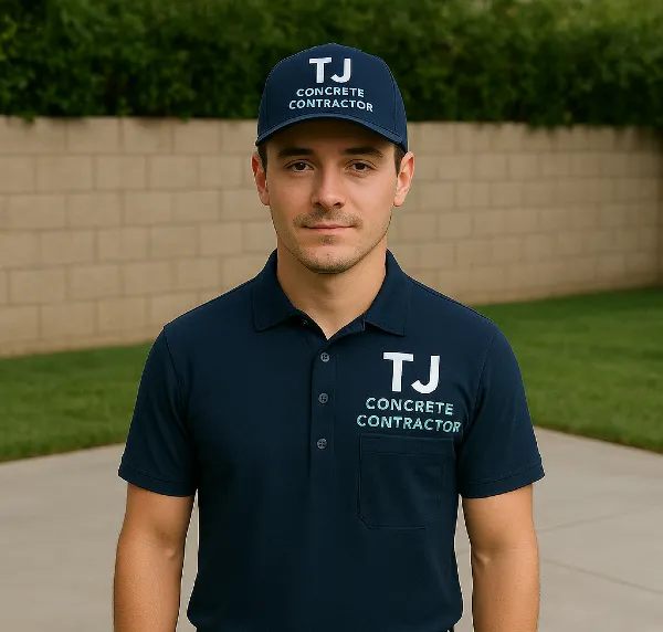 A white male worker from TJ Concrete Contractor in the Woodlands, TX looking at the camera and with a concrete patio behind him