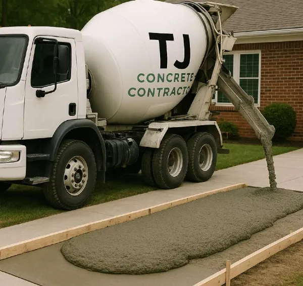 A white cement truck in The Woodlands, TX with the TJ Concrete Contractor logo on it and pouring concrete on the floor