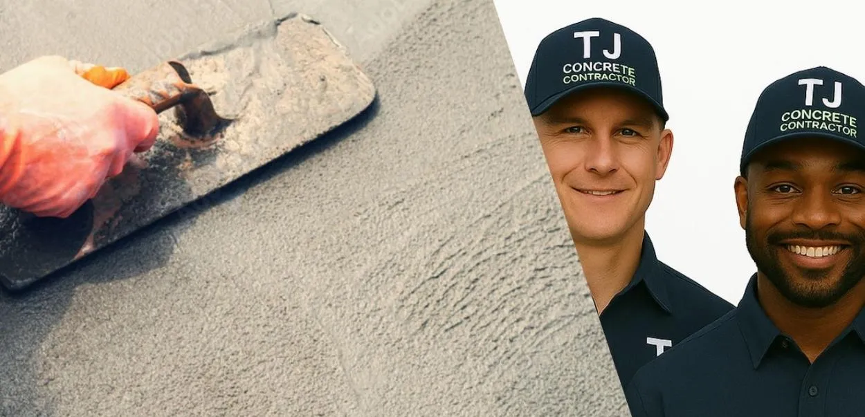 Two male workers from TJ Concrete Contractor in The Woodlands, TX wearing their uniform and smiling at the camera with a concrete slab next to them