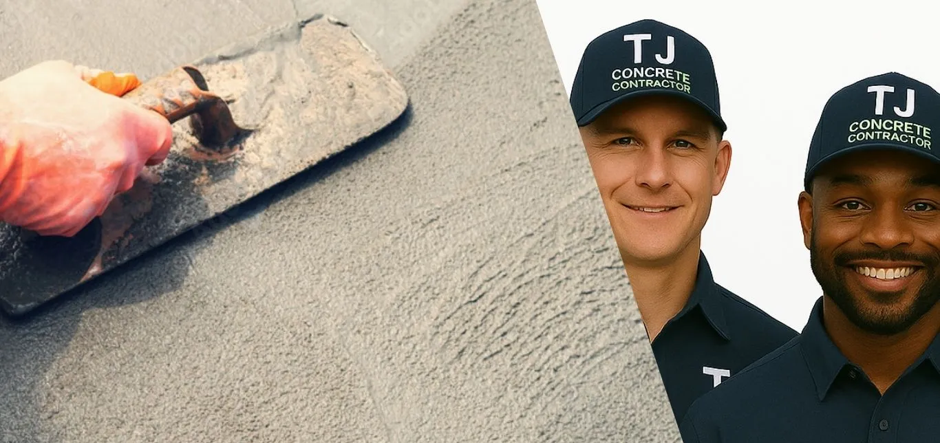 Two male workers from TJ Concrete Contractor in The Woodlands, TX wearing their uniform and smiling at the camera with a concrete slab next to them