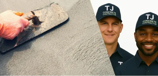 Two male workers from TJ Concrete Contractor in The Woodlands, TX wearing their uniform and smiling at the camera with a concrete slab next to them