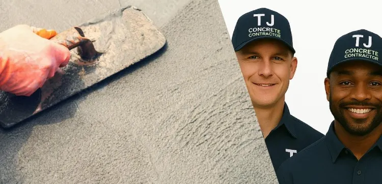 Two male workers from TJ Concrete Contractor in The Woodlands, TX wearing their uniform and smiling at the camera with a concrete slab next to them